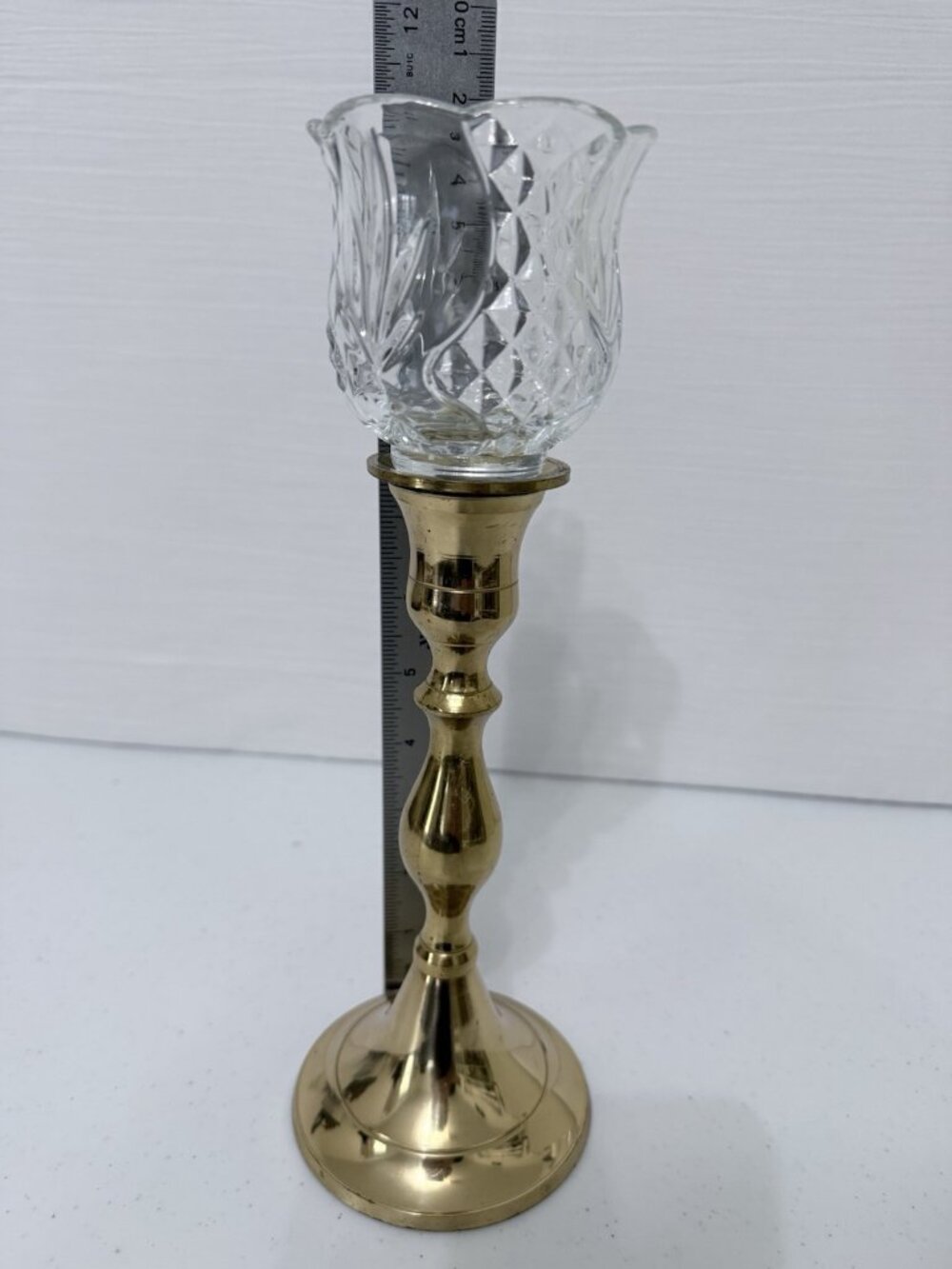 Homco Tulip Diamond Clear Votive Holder on Heavy Brass Candlestick Holder 10.75" - Picture 6 of 11